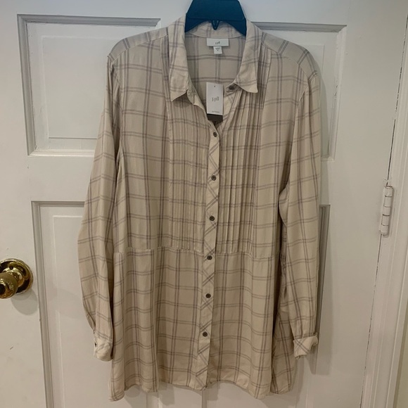 NWT J. Jill Neutral Plaid Pintuck Peplum Bottom Button Down Viscose Shirt Sz XL - Picture 1 of 12